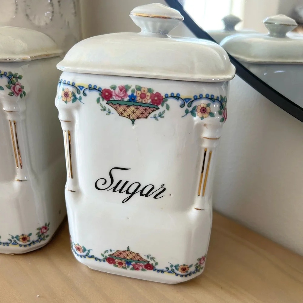 Vintage 1920s Victoria China Czechoslovakia Floral Flour & Sugar Canister Set